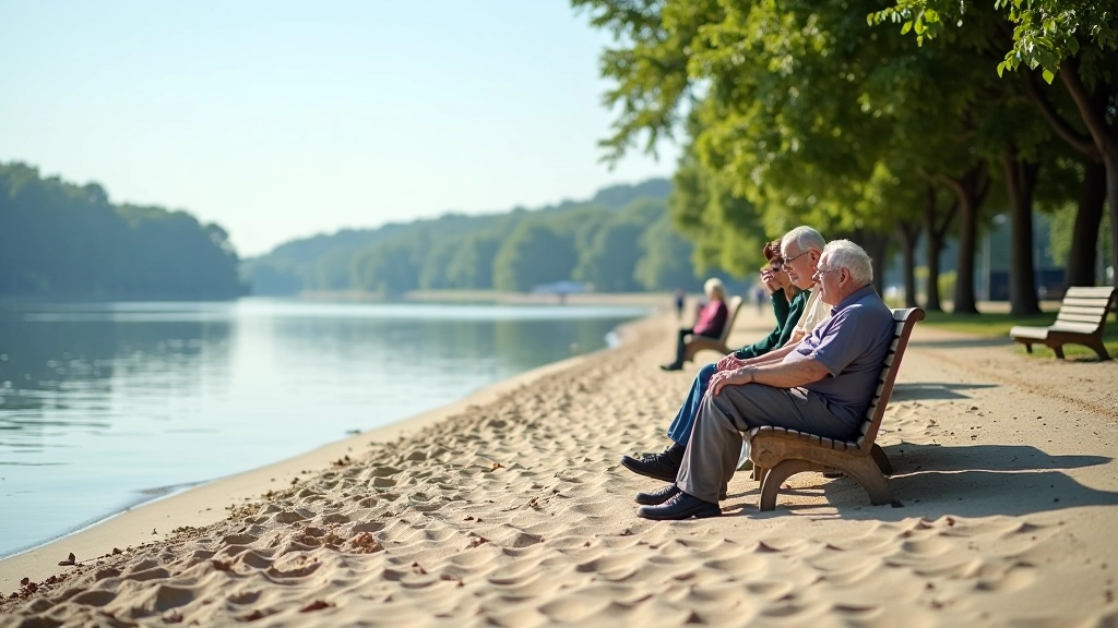 Plaża Wilkasy z piaskiem, łatwe wejście do wody, seniorzy siedzący na ławkach