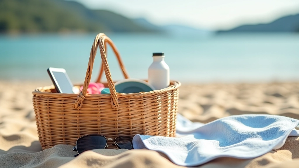 Kosz piknikowy, koc, okulary przeciwsłoneczne i butelka wody na plaży nad jeziorem