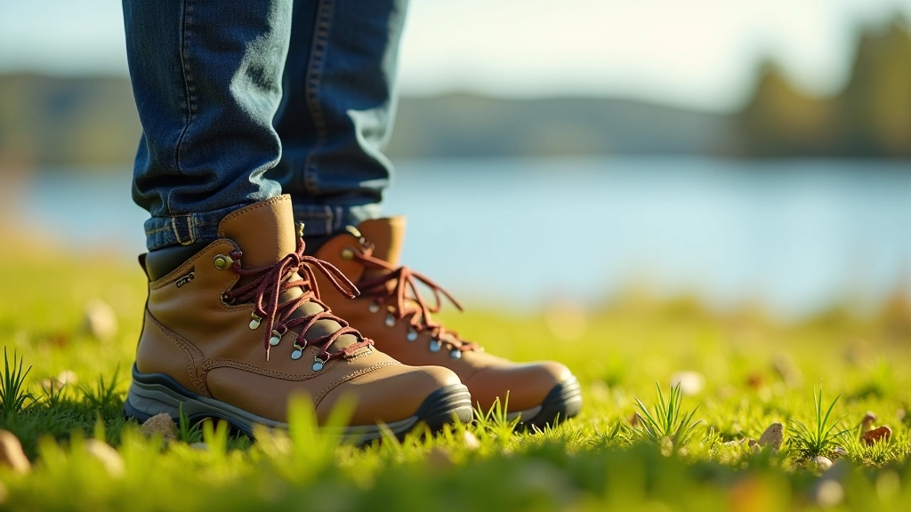 Zbliżenie na wygodne buty trekkingowe, nowe i nowoczesne, na trawie obok jeziora