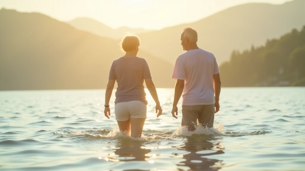 Seniorzy w strojach kąpielowych wchodzą do wody na plaży Wilkasy, rodzina razem, letni dzień