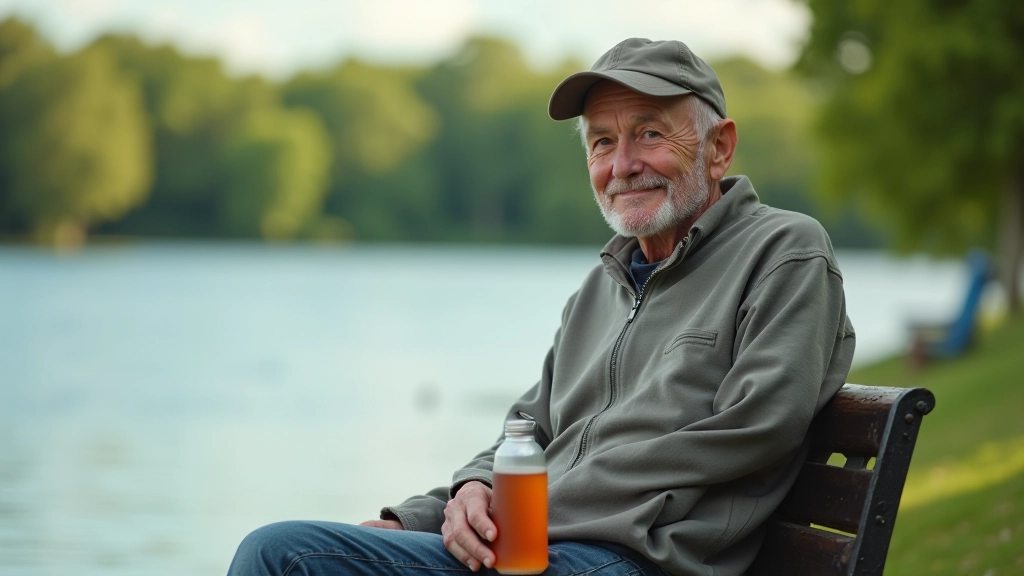 Senior mężczyzna w wygodnych butach i czapce siedzi na ławce nad jeziorem z butelką wody, uśmiechający się, natura w tle