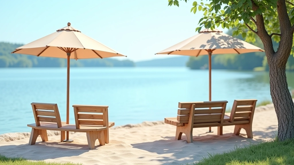 Drewniane ławki na plaży Wilkasy z widokiem na jezioro, parasol chroniący przed słońcem